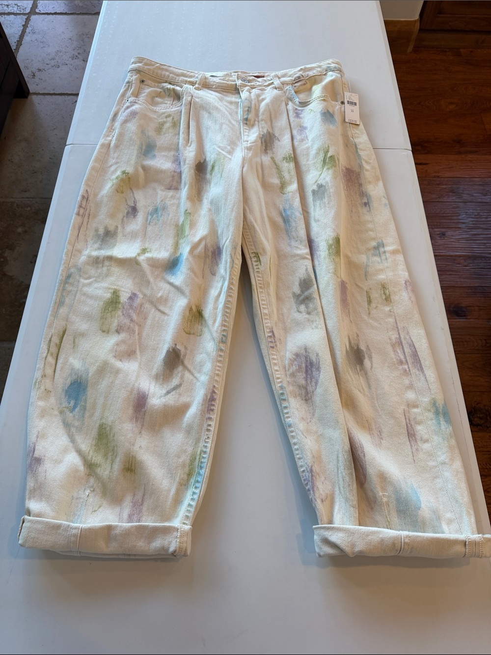 Anthropologie Pilcro Cream Boyfriend Jeans with Pastel Brushstroke Print